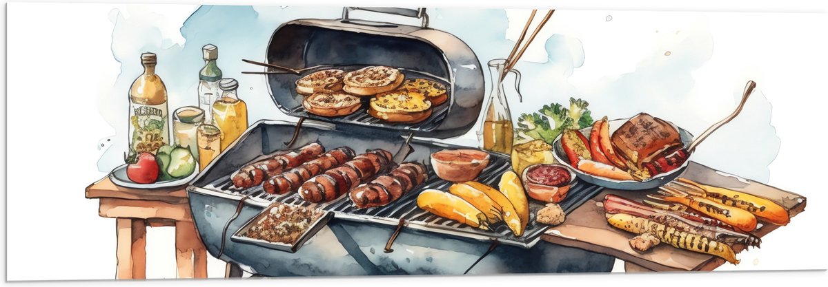 Acrylglas - Tekening met Barbecue met Eten - 120x40 cm Foto op Acrylglas (Wanddecoratie op