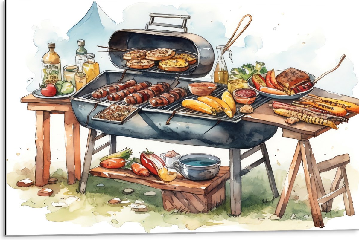 Dibond - Tekening met Barbecue met Eten - 75x50 cm Foto op Aluminium (Met Ophangsysteem)