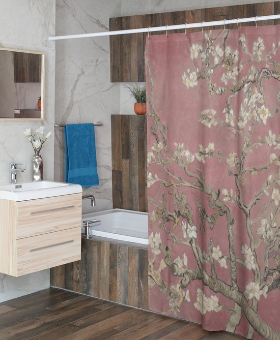 3BMT Rideau de Douche Design - Fleur d'Amandier Rose Van Gogh - 180 x 200 cm - avec Bagues