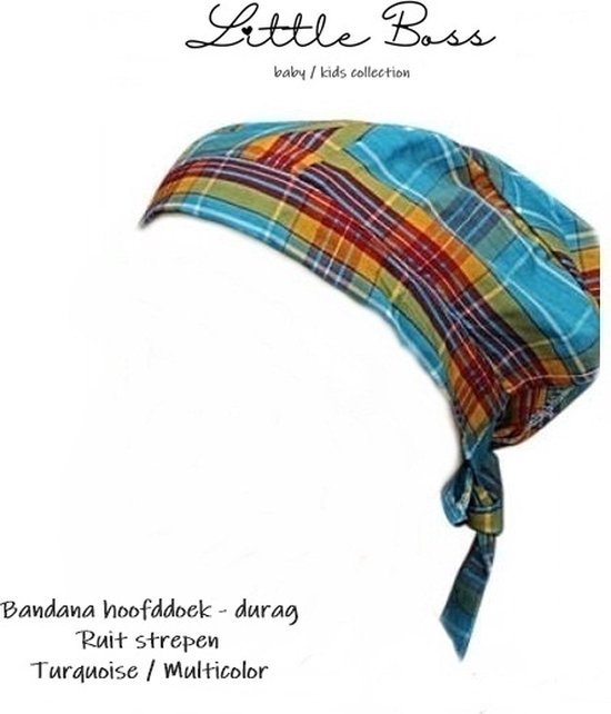 Little Boss - Bandana hoofddoek – Durag – Doo Rag - kind / baby 0-3 jaar – (ruit) strepen nr. 10 + nr. 14 – turquoise meerkleurig / beige rood zwart - polyester nylon – casual feest festival