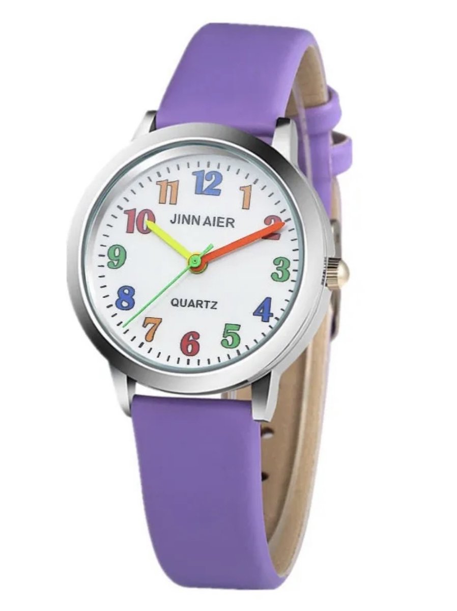 Meisjes horloge paars met gekleurde cijfers en leer bandje
