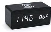 Horloge numérique - Horloge de bureau - Aspect bois - Température + Hygromètre + Chargeur sans fil - Chiffres Zwart + Witte