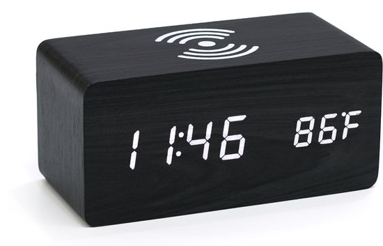 TIN-IN - Digitale Bureauklok - Temperatuurmeter met Draadloze oplader - Zwart