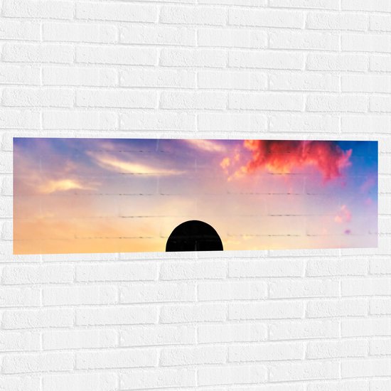 Muursticker - Silhouet van Vliegtuig op Startbaan bij Zonsopkomst - 120x40 cm Foto op Muursticker