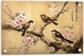 Tuinposter – Tekening van Drie Vogels op Tak met Bloemen - 60x40 cm Foto op Tuinposter (wanddecoratie voor buiten en binnen)