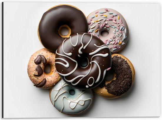 Dibond - Stapel Verschillende Smaken Donuts tegen Lichtgekleurde Achtergrond - 40x30 cm Foto op Aluminium (Wanddecoratie van metaal)