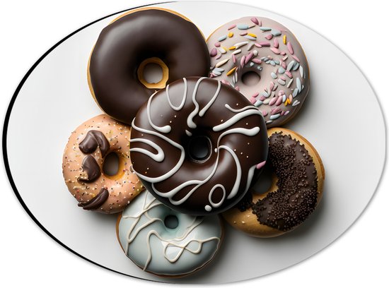Dibond Ovaal - Stapel Verschillende Smaken Donuts tegen Lichtgekleurde Achtergrond - 28x21 cm Foto op Ovaal (Met Ophangsysteem)