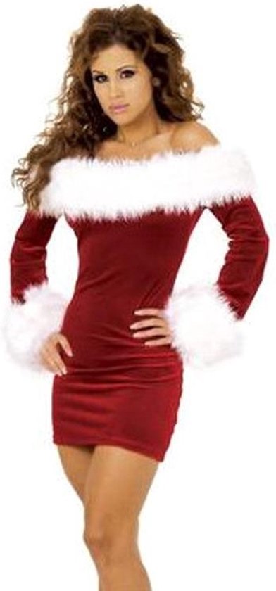 Rood fluwelen kerstjurkje met off-shoulder halslijn, lange mouwen met witte nepbont randen.
