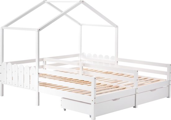 Lit Merax - 2 Lits simples 90x200 avec Rangements - Lit Cabane - Lit Bébé - Wit