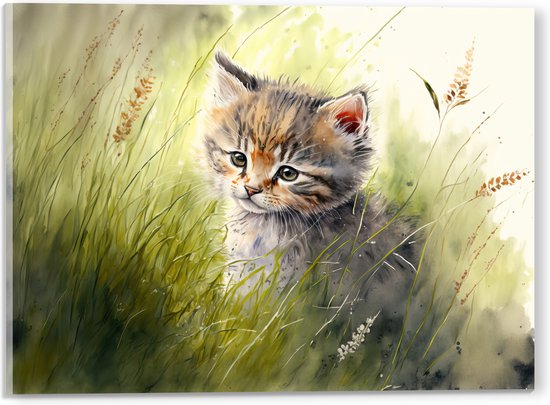 Acrylglas - Tekening van Bruinharige Kitten tussen de Hoge Grassprieten - 40x30 cm Foto op Acrylglas (Met Ophangsysteem)