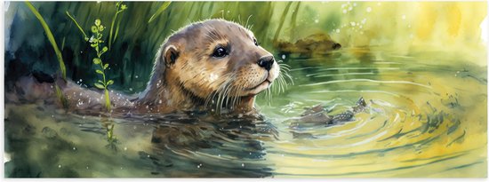 Poster Glanzend – Tekening van Zwemmende Otter in de Rivier - 60x20 cm Foto op Posterpapier met Glanzende Afwerking
