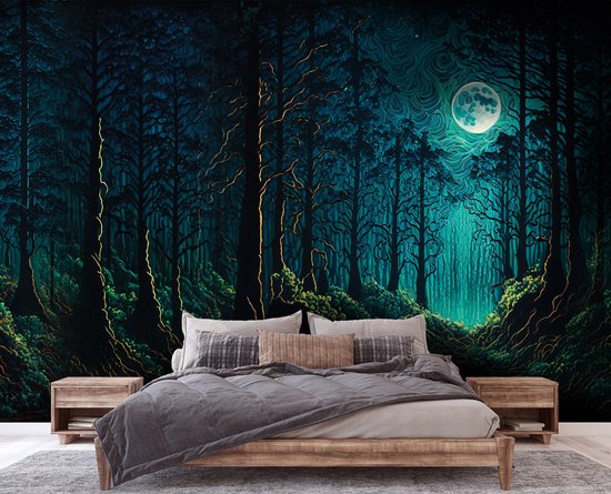 Vliesbehang - Fotobehang - Nacht - Bos - Maan - Bomen - Woud - Donker - 290x416 cm (Hoogte x Lengte)