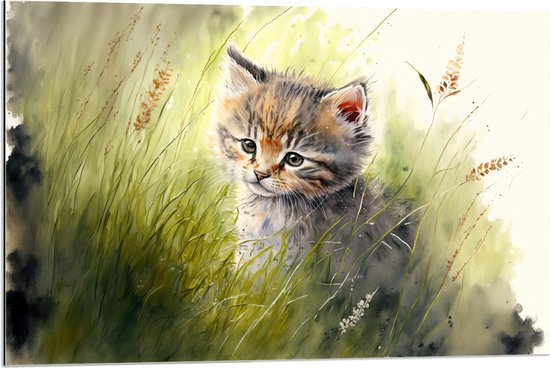 Dibond - Tekening van Bruinharige Kitten tussen de Hoge Grassprieten - 90x60 cm Foto op Aluminium (Met Ophangsysteem)