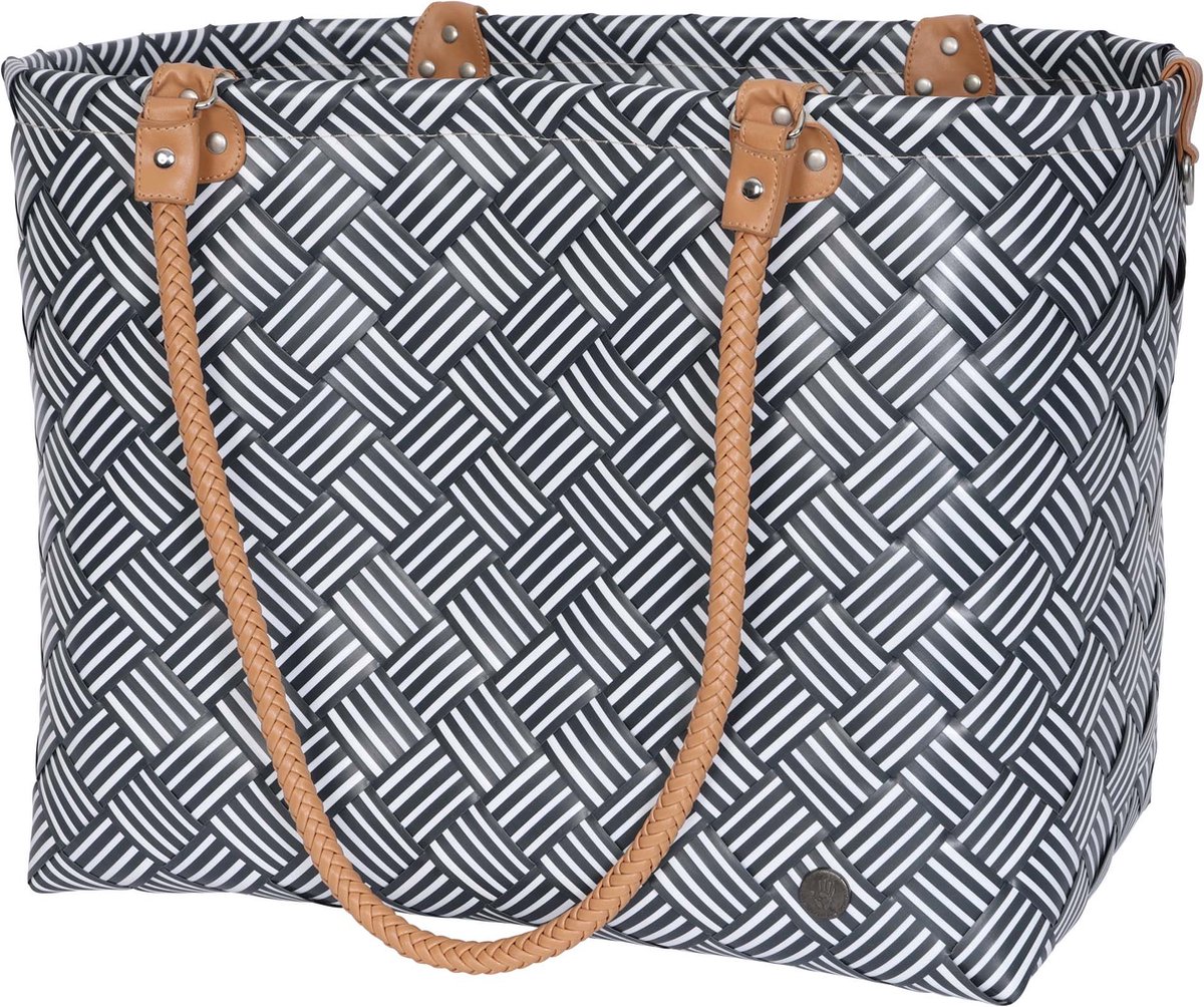 Shopper XL - Grote tas - Strandtas - Sporttas - Boodschappentas - Weekendtas - Lange hengsels - Handgevlochten - Handed By Sainte-Maxime Stripes - donkergrijs met witt streepjes - dark grey
