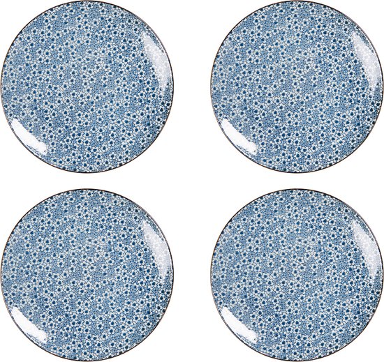 HAES DECO - Ontbijtborden set van 4 - Formaat Ø 21x1 cm - kleuren Blauw - Bedrukt Aardewerk - Collectie: Fields of Blue - Servies, kleine borden