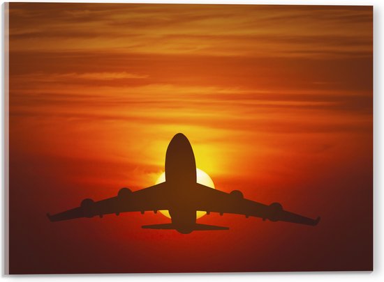 Acrylglas - Silhouet van Vliegtuig tegen Feloranje Zon in Roodkleurige Lucht - 40x30 cm Foto op Acrylglas (Wanddecoratie op Acrylaat)