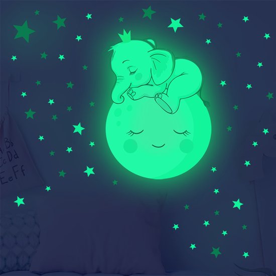 Stickerkamer® Glow in the dark muursticker olifant op maan met sterren babykamer | kinderkamer | wanddecoratie| kinderen | sterren maan