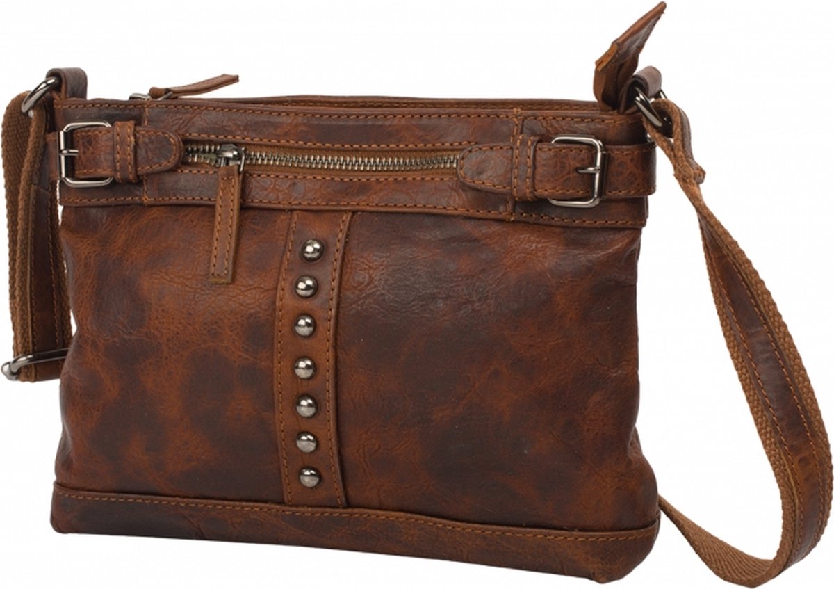 Landleder - Crossbody / Schoudertas - "Rugged Hide" - Leer - "Used Old Leather Effect" - Kastanje - afmeting 26 x 6 x 20 cm.