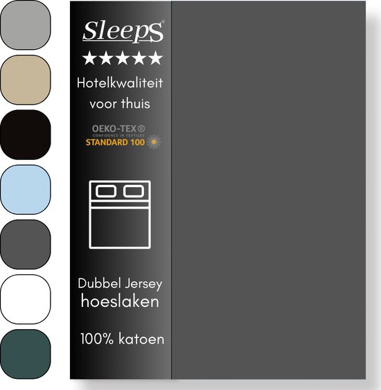 Sleeps Luxe Dubbel Jersey Hoeslaken Antraciet - 160 x 200 cm - 100% Hoogwaardige Katoen - Hoge Hoek - perfecte Pasvorm