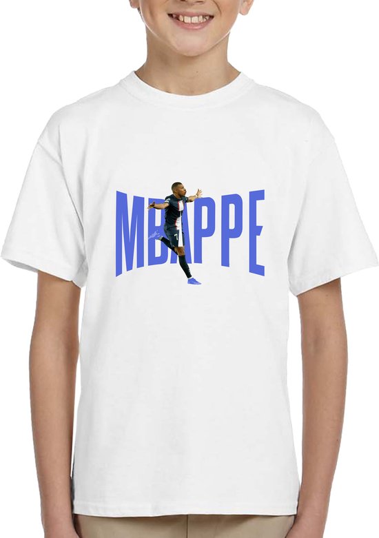 Mbappe - kylian - PSG - Kinder T-Shirt Wit -Blauwe tekst - Maat 98/104 - T-Shirt leeftijd 3 tot 4 jaar - Grappige teksten - Cadeau - Shirt cadeau - Voetbal- verjaardag