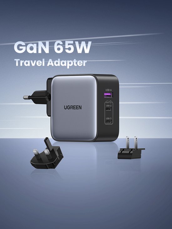 Ugreen 65W Nexode GaN USB C 3-Port Charger With US/UK/EU Plug for