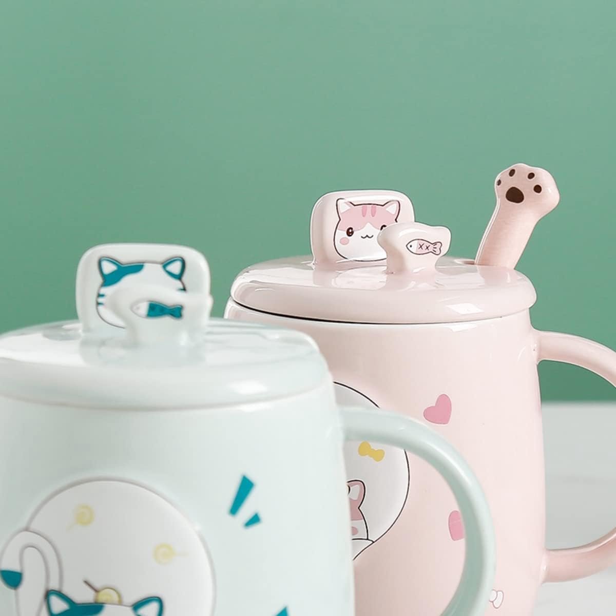 DASIAUTOEM Tasse De Chat, Tasse à Café En Céramique Avec Couvercle Et Cuillère En Acier, Voyage Bureau Réutilisable Tasse, Kawaii De Tasse à Café Pour Les Amoureux Des Chats Femmes Cadeaux