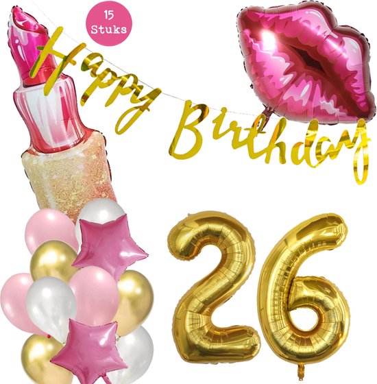 Snoes Beauty Helium Ballonnen Set 26 Jaar - Roze Folieballonnen - Slinger Happy Birthday Goud