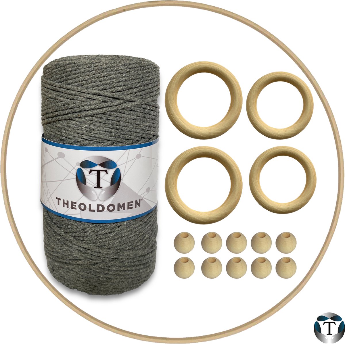 Macramé Pakket | 200 METER | Grijs | Starter Set | Ringen | Kralen | Hout | Macramé Touw | 3mm | 100% Katoen | Macramé | Decoratie | DIY | Doe Het Zelf | Wandkleed | Dromenvanger | Plantenhanger | Tassen | TheOldOmen |