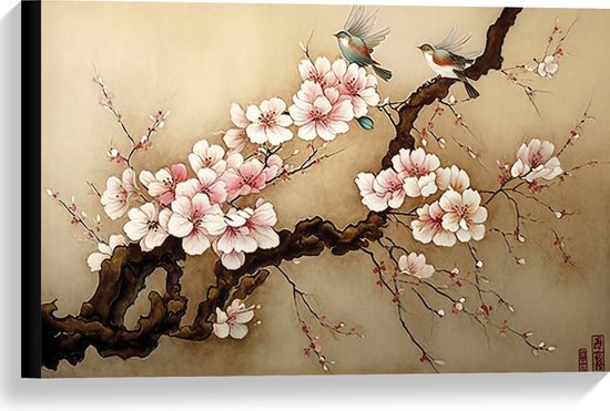 Canvas - Tekening van Tak met Vogeltjes en Roze Bloemen - 60x40 cm Foto op Canvas Schilderij (Wanddecoratie op Canvas)