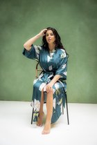 Luxe Kimono satijn dames badjas - lang model - Exclusieve collectie - one size - kleur: groen met prachtig bloemen design