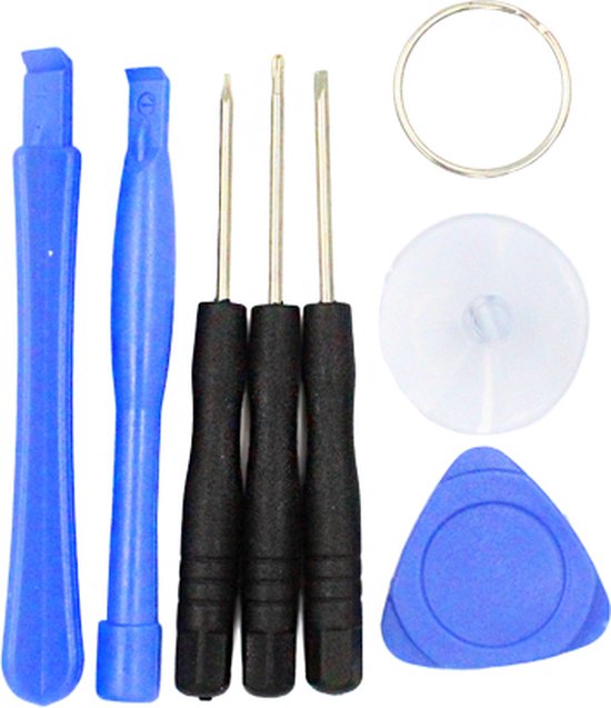 Set met gereedschap: 2 blauwe kunststof tools, 3 schroevendraaiers, zuignap, plectrum en sleutelring.