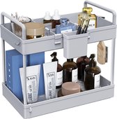 2 niveaus onder gootsteen badkamer aanrecht organisator staande plank cosmetica houder badkamer lade met verdelers opbergrek voor make-up cosmetica 34 x 22 x 39 cm, grijs