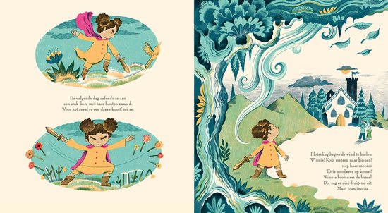 Meisje met gele jurk en cape vecht met een zwaard in een bloemenveld.