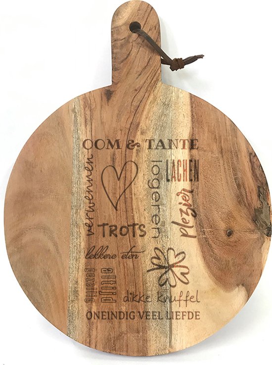 Ronde snijplank/borrelplank met tekst gravure OOM en TANTE. Een origineel cadeau voor... bol