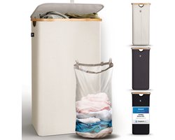 HENNEZ Wasmand met deksel van 100L opvouwbaar met bamboe frame - inclusief waszak - beige