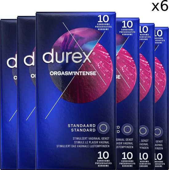 Durex Orgasm Intense condooms, 6 verpakkingen van 10. Donkerblauwe verpakking met roze en paarse grafische elementen.