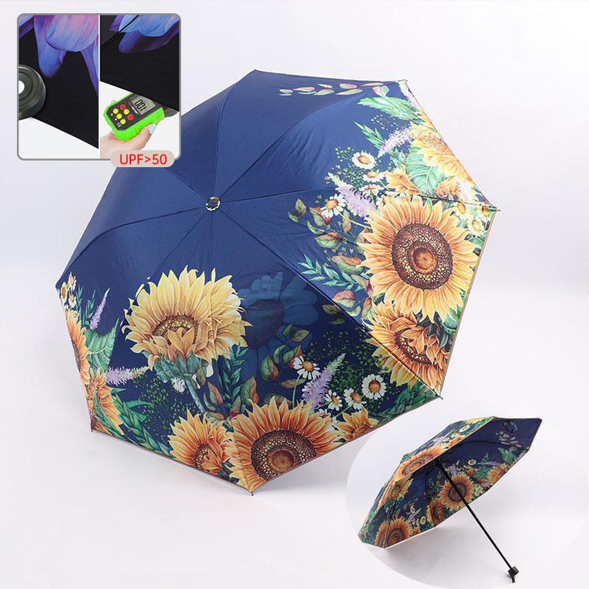 TDR-Opvouwbaar bloem paraplu - Zonbescherming Anti-Uv UPF50 + -Windproof- Stevig paraplu met diameter van 97 cmmarineblauw