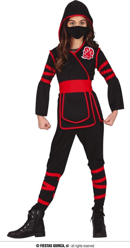 Guirca - Ninja & Samurai Kostuum - Aanstormende Snelle Ninja Kind Kostuum - Rood, Zwart - 7 - 9 jaar - Carnavalskleding - Verkleedkleding
