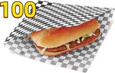 Rainbecom - 100 Stuks - 19 x 17 cm - Hamburger Zakje Papier - Vetvrij Papier - Papieren Zak voor Sandwiches - Zwart en Wit Raster