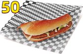 Rainbecom - 50 Stuks - 19 x 17 cm - Hamburger Zakje Papier - Vetvrij Papier - Papieren Zak voor Sandwiches - Zwart en Wit Raster