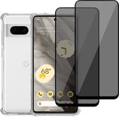 Hoesje geschikt voor Google Pixel 7a + 2x Privacy Screenprotector – Gehard Glas Cover + Shock Proof Case - Transparant