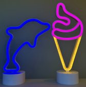 LED dolfijn en ijsje met neonlicht - Set van 2 stuks - blauw en roze+oranje neon licht - Op batterijen en USB - hoogte dolfijn 26.5 x 17 x 8.5 cm - hoogte ijsje 30 x 13 x 8.5 cm - Tafellamp - Nachtlamp - Decoratieve verlichting - Woonaccessoires