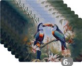 Placemat - Placemats kunststof - Toekan - Vogels - Bloemen - Natuur - Jungle - 45x30 cm - 6 stuks - Hittebestendig - Anti-Slip - Onderlegger - Afneembaar