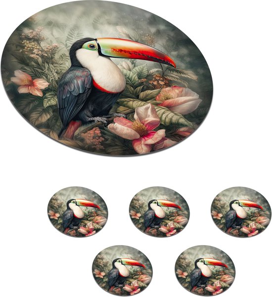 Sous-verres pour verres - Rond - Toucan - Vogels - Fleurs - Plantes - Tropical - 10x10 cm - Sous-verres en verre - 6 pièces