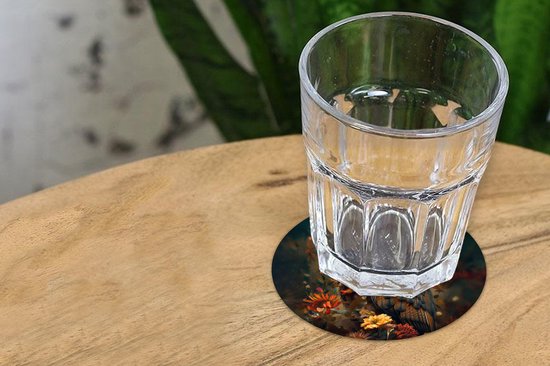 Sous-verres pour verres - Rond - Chouette - Vogel - Fleurs - Plantes - Botanique - 10x10 cm - Sous-verres en verre - 6 pièces