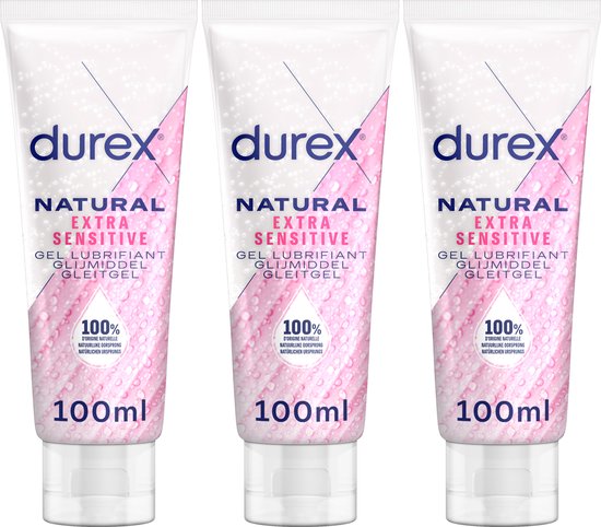 Drie tubes Durex Natural Extra Sensitive glijmiddel, 100ml, met roze en witte accenten.