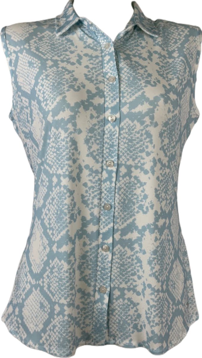 Angelle Milan – Travelkleding voor dames – Lichtblauw/witte Mouwloze Blouse – Ademend – Kreukherstellend – Duurzame blouse - In 5 maten - Maat S