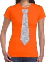 Oranje fun t-shirt met stropdas in glitter zilver dames M
