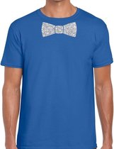 Blauw fun t-shirt met vlinderdas in glitter zilver heren 2XL