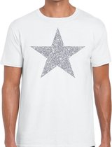 Zilveren ster glitter t-shirt wit heren XL